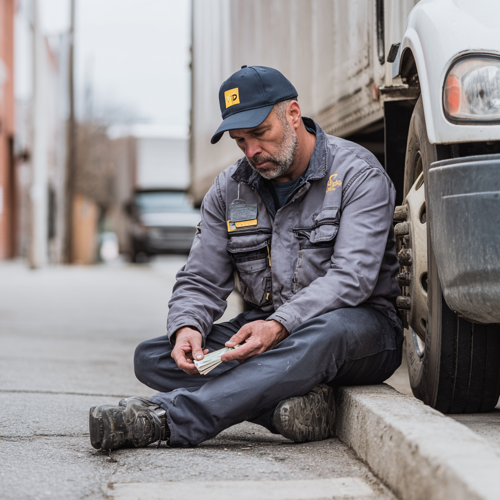 Worker sitting by truck looking at money